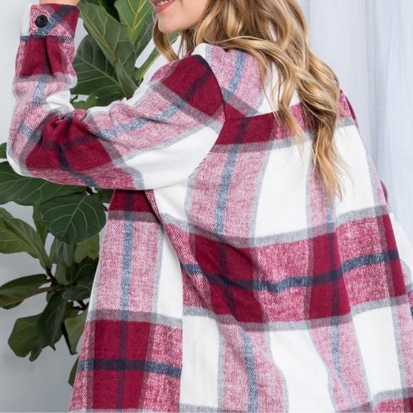 Burgundy Black Gray Cream Plaid Button-Up Shacket - Picture 3 of 9